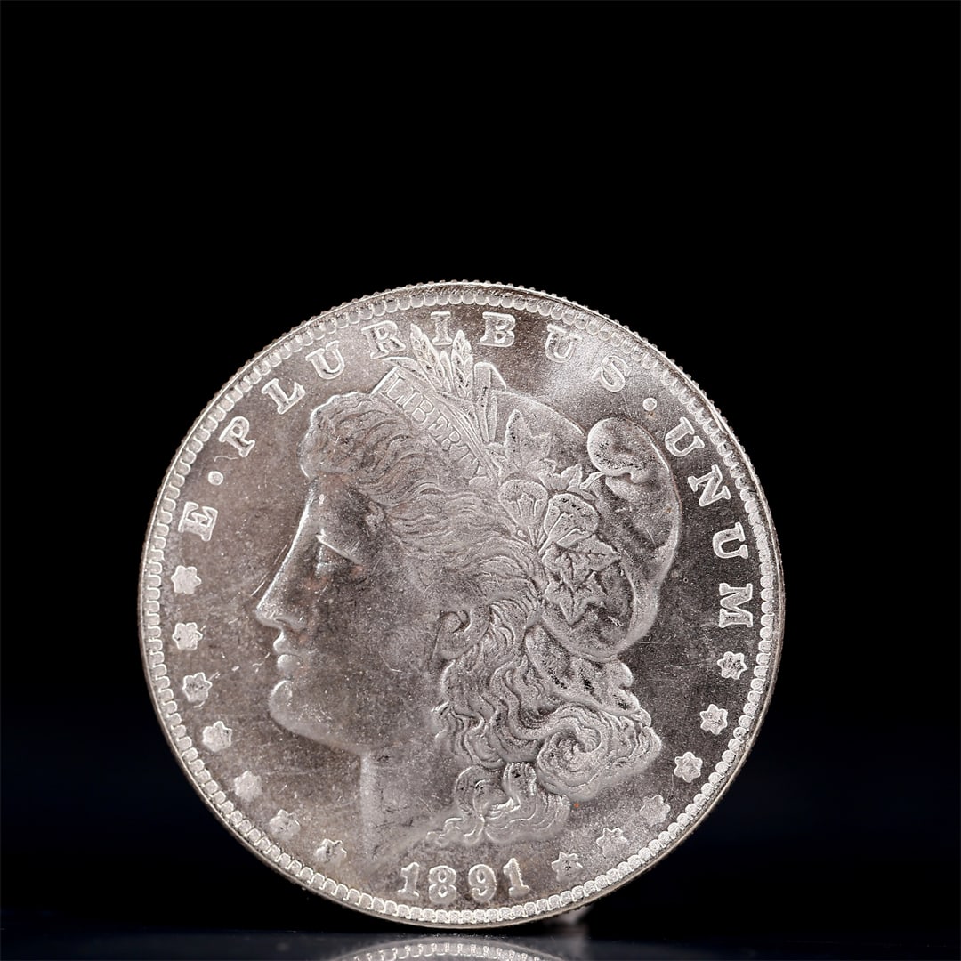 USA Morgan Dollar 1891 Coin: Obv: profile bust with date below and E PLURIBUS UNUM legend and stars around. Rev: eagle with In God we trust above within wreath with UNITED STATES OF AMERICA ONE DOLLAR legend. IN GOD WE TRUST /