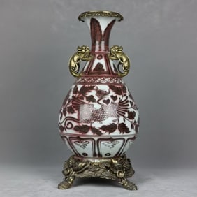 An Exquisite Blue and White Underglaze-Red Inlaid Bronze Phoenix Pattern Lotus Pattern Double-Ears