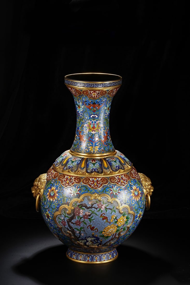 An Exquisite Cloisonne Lotus Pattern Double-Ears Vase: An Exquisite Cloisonne Lotus Pattern Double-Ears Vase Qing Dynasty, China Qianlong Four-character Mark Size:18.5inx12.6in Weight:9.5kg景泰蓝富贵吉祥瓶 &