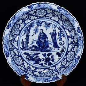 An Exquisite Blue and White Character and Story Pattern Lotus Pattern Plate