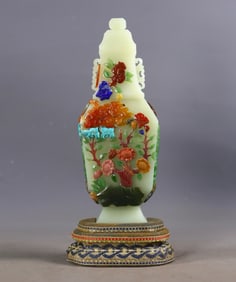 An Exquisite White Jade Inlaid Gems Flower Pattern Double-Ears Vase