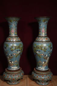 A Pair of Exquisite Cloisonne Pine and Crane Pattern Flower Pattern Vase