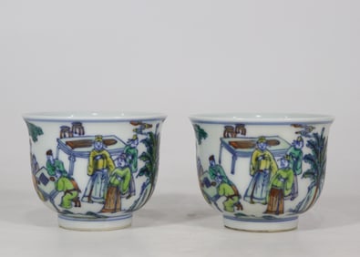 A Pair of Exquisite Doucai Character and Story Pattern Cup