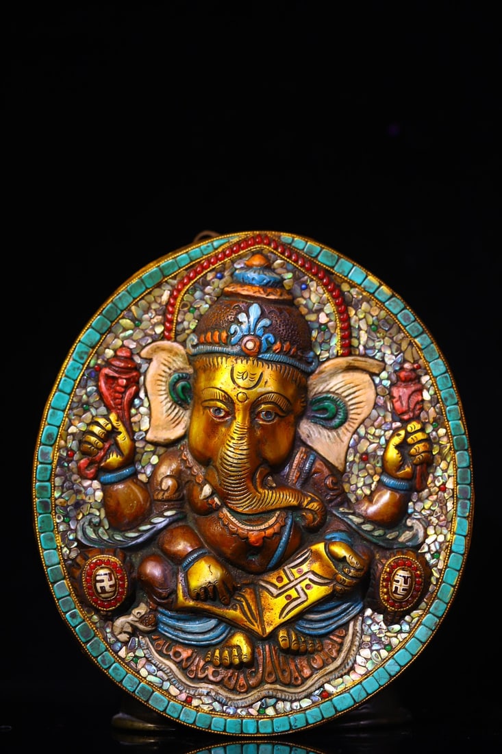 An Exquisite Bronze Inlaid Gems Painted Color Statue of Ganesh Ornament (1 of 9)