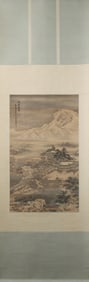 A Chinese Vertical Scroll Ink Painting of Landscape on Silk