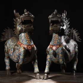 A Pair of Exquisite Cloisonne Lotus Pattern Kylin Ornament