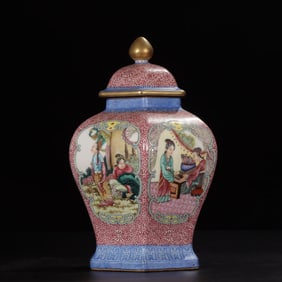 An Exquisite Famille-Rose Ruby Red-Glazed Painted Gold Lotus Pattern Character and Story Pattern Jar