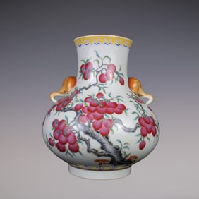 An Exquisite Famille-Rose Litchi Pattern with poem Double-Ears Vase