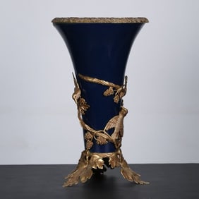 An Exquisite Ji Blue Glazed Inlaid Bronze Flower and Bird Pattern Vase