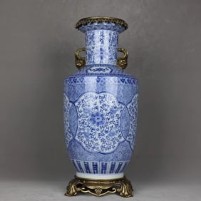 An Exquisite Blue and White Inlaid Bronze Lotus Pattern Double-Ears Vase