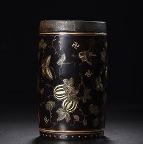 An Exquisite Carved Red Lacquer Painted Gold Flower and Butterfly Pattern Brush Pot
