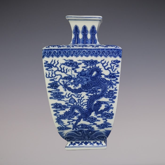 An Exquisite Blue and White Lotus Pattern Dragon Pattern Seawater Pattern Vase: An Exquisite Blue and White Lotus Pattern Dragon Pattern Seawater Pattern Vase Qing Dynasty, China Qianlong Six-character Mark Size:12inx6.5in青花缠枝莲纹福&#