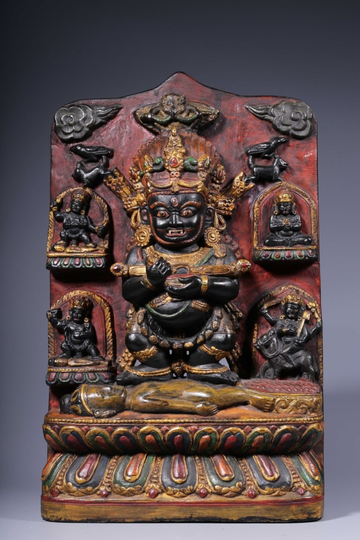 An Exquisite Black Stone Painted Color Buddha Statue Ornament: An Exquisite Black Stone Painted Color Buddha Statue Ornament Qing Dynasty, China Size:13inx8.1inx3.1in Weight:7419g黑石漆彩宝帐怙主佛板 