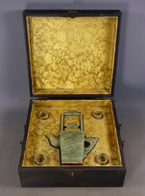 A Set of Fine White Jade Cover with Gold Landscape Pattern Teapot