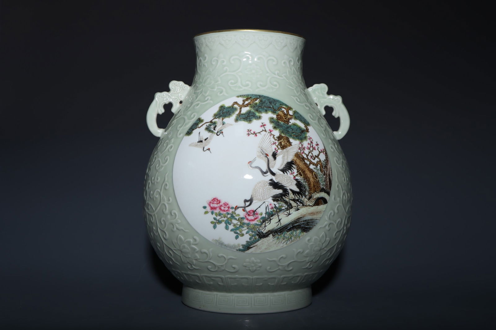 An Exquisite Famille-Rose Celadon Glazed Pine and Crane Pattern Lotus Pattern Double-Ears Vase (1 of 9)