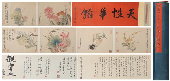 A Chinese Hand Scroll Ink Painting of Flower and Fruit on Paper