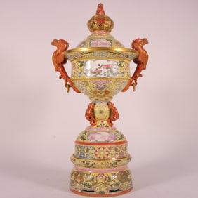 An Exquisite Enamel Lotus Pattern Landscape Pattern Double-Ears Censer