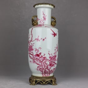 An Exquisite Ruby Red-Glazed Inlaid Bronze Flower and Bird Pattern Double-Ears Vase