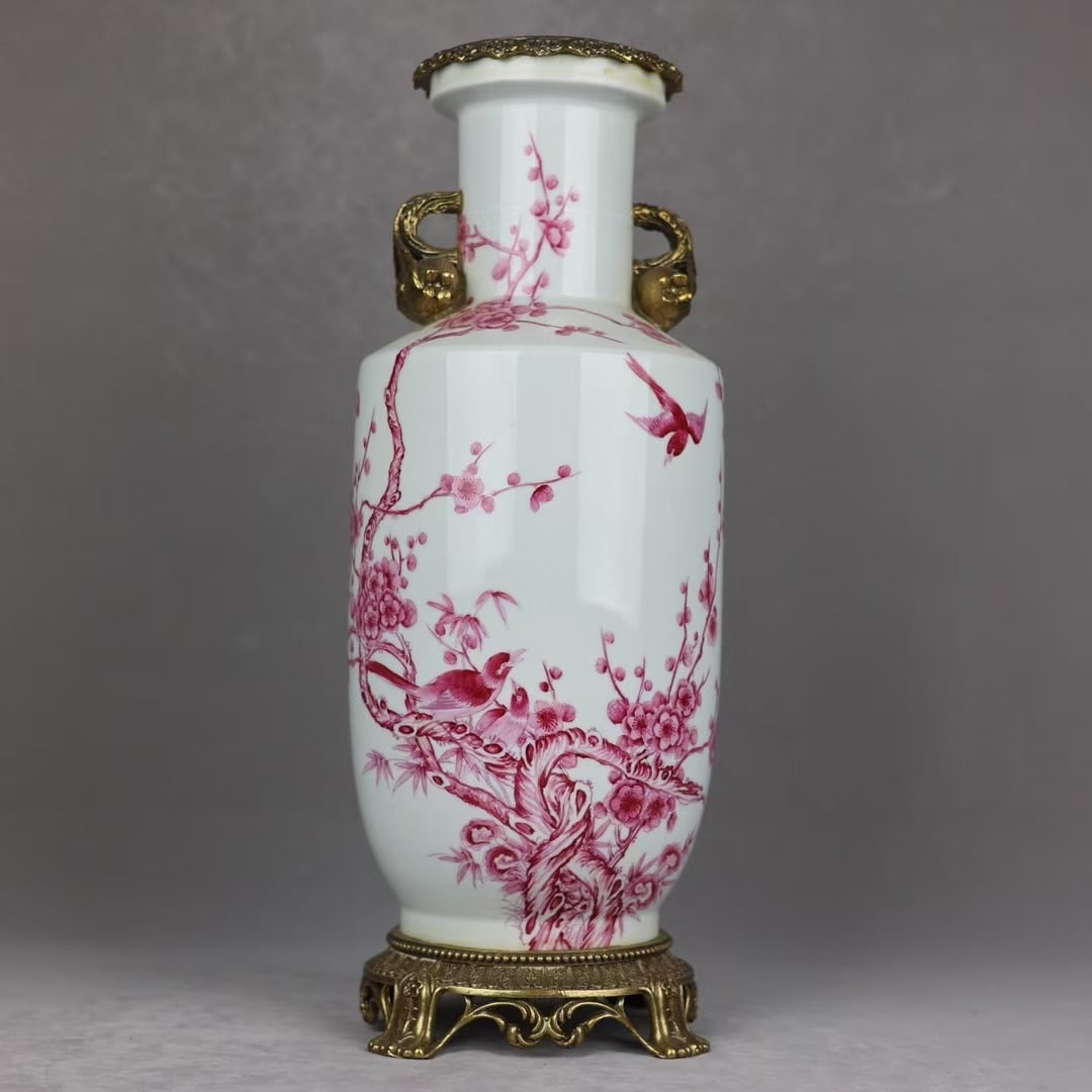 An Exquisite Ruby Red-Glazed Inlaid Bronze Flower and Bird Pattern Double-Ears Vase (1 of 9)