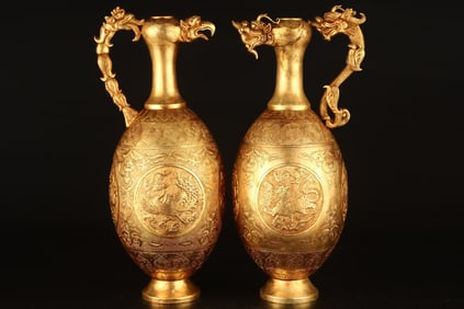 A Pair of Exquisite Gilt Bronze Dragon and Phoenix Pattern Ewer