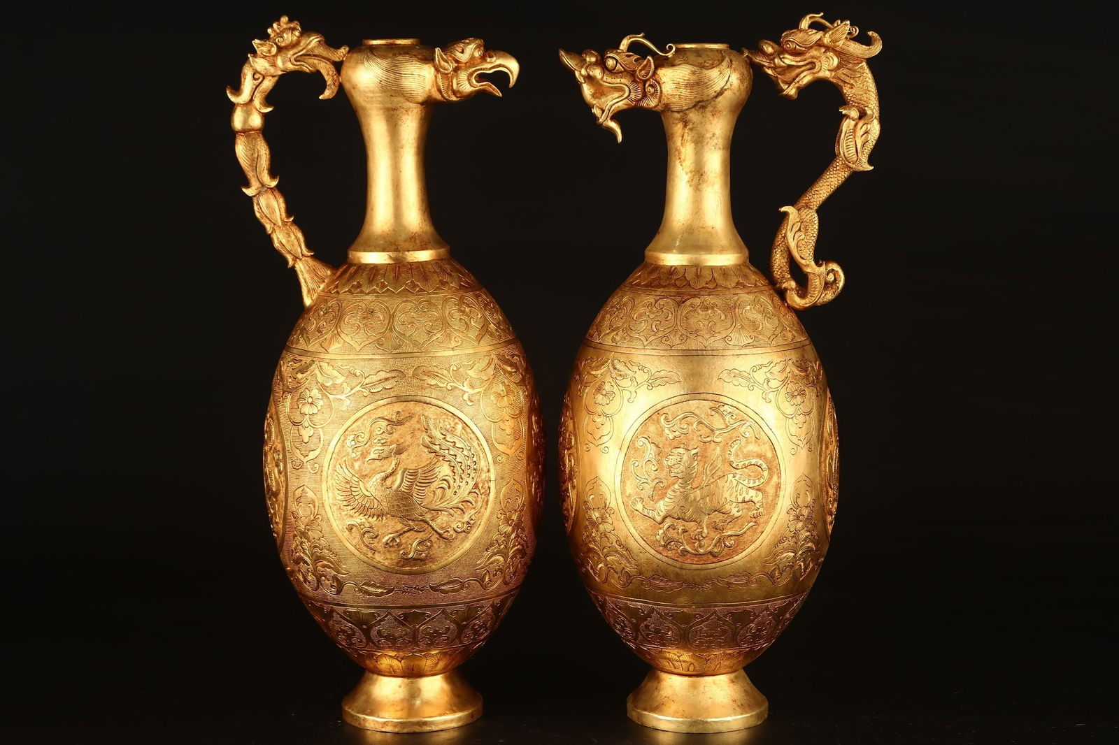 A Pair of Exquisite Gilt Bronze Dragon and Phoenix Pattern Ewer (1 of 9)