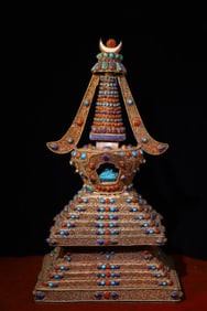 An Exquisite Silver Inlaid Gems Pagoda