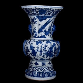 An Exquisite Blue and White Character and Story Pattern Lotus Pattern Double-Ears Vase