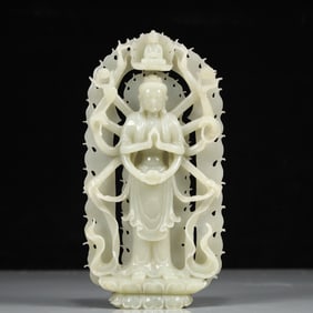 A Exquisite Greenish Jade Statue of Avalokitesvara