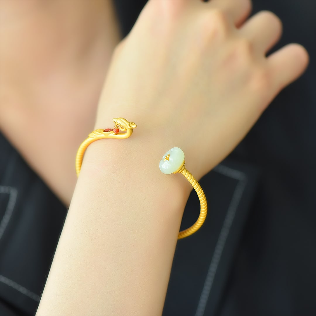 An Exquisite Sterling Silver-Gold Plated Inlaid White Jade Bracelet (1 of 6)