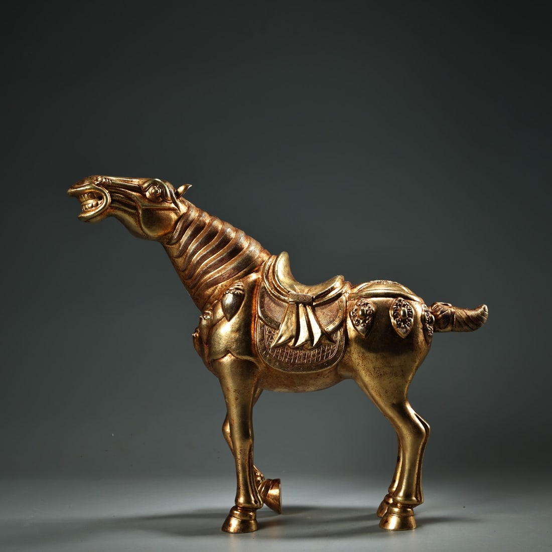 A Exquisite Coppery High-relief Carved Gilt Tang Horse (1 of 9)