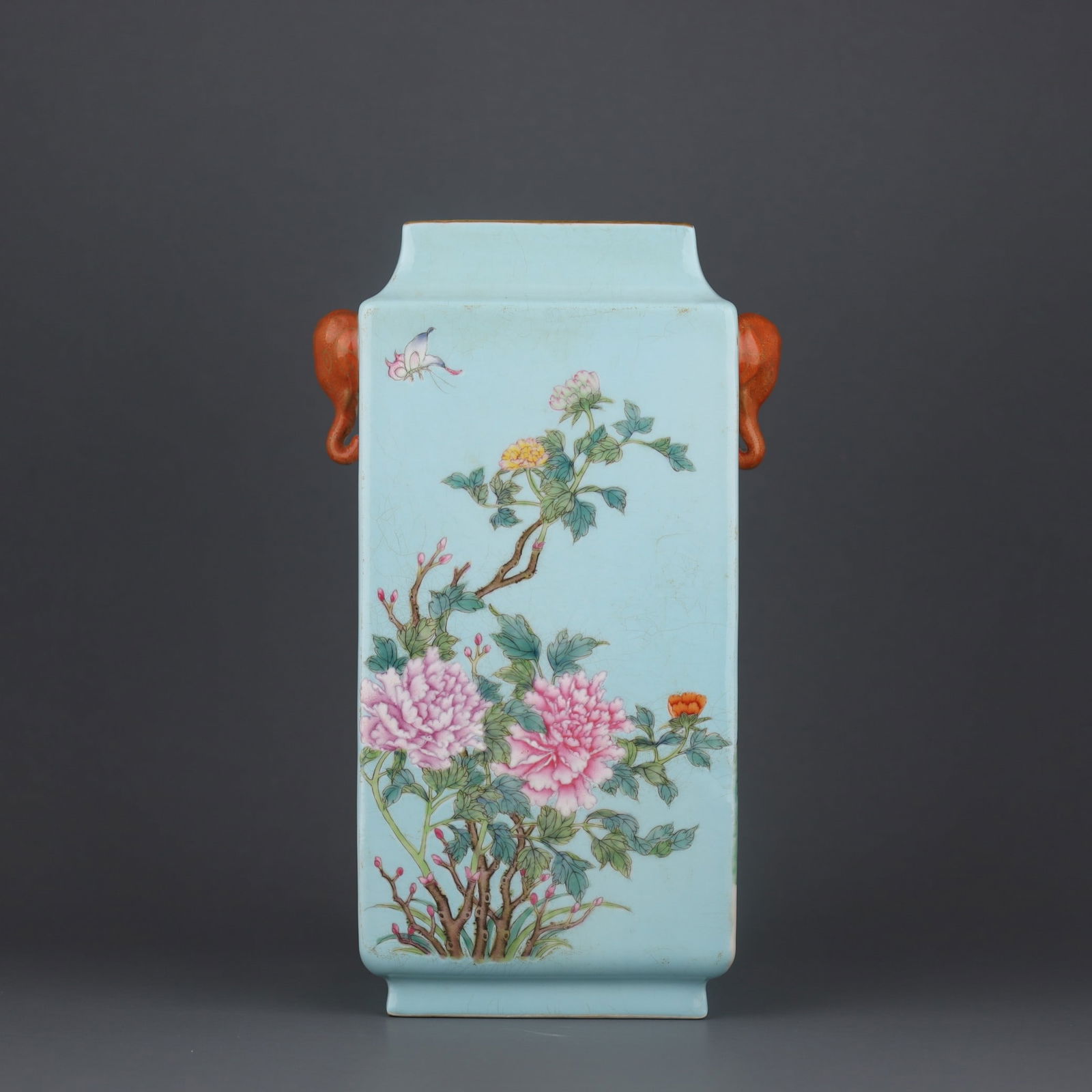 A Exquisite Turquoise Green Ground Famille-Rose Flower and Bird Pattern Elephant-Ears Vase (1 of 8)