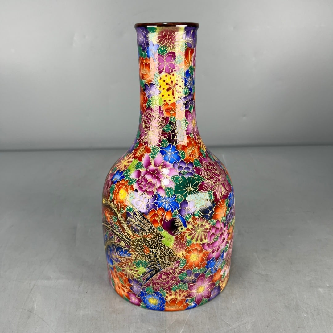 A Exquisite Enamel Cloisonne Thousand Flower and Phoenix Pattern Rattle-Shape Vase (1 of 10)