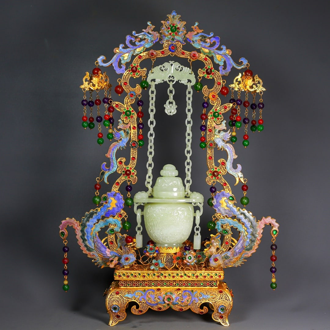 A Exquisite Cloisonne Hetian Jade Flower Basket: A Exquisite Cloisonne Hetian Jade Flower Basket,Qing Dynasty, China,Qianlong Four-character Mark,Size:29.1inx13.4in,Weight:1874g 