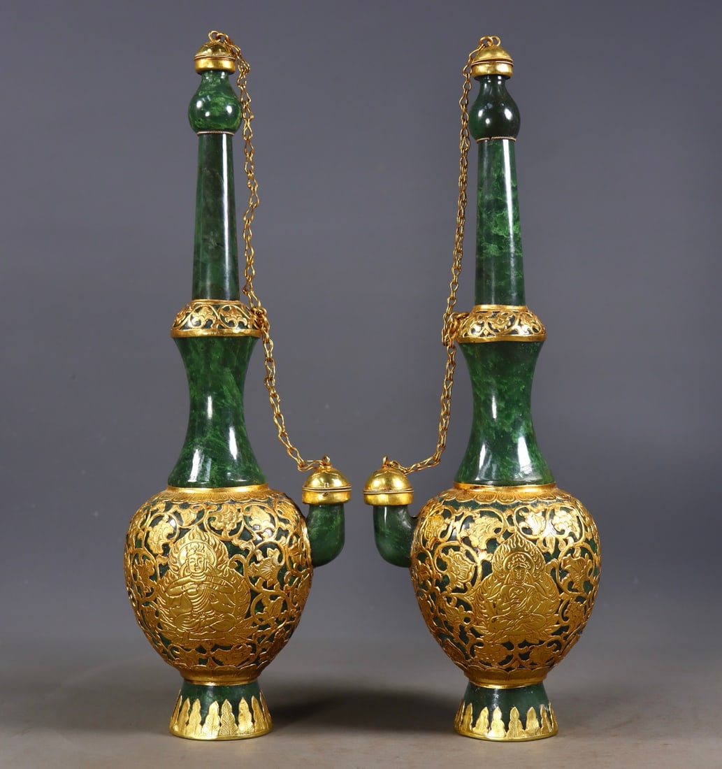 A pair of Exquisite Hetian Jasper Cover with Gold Buddha Vase (1 of 7)