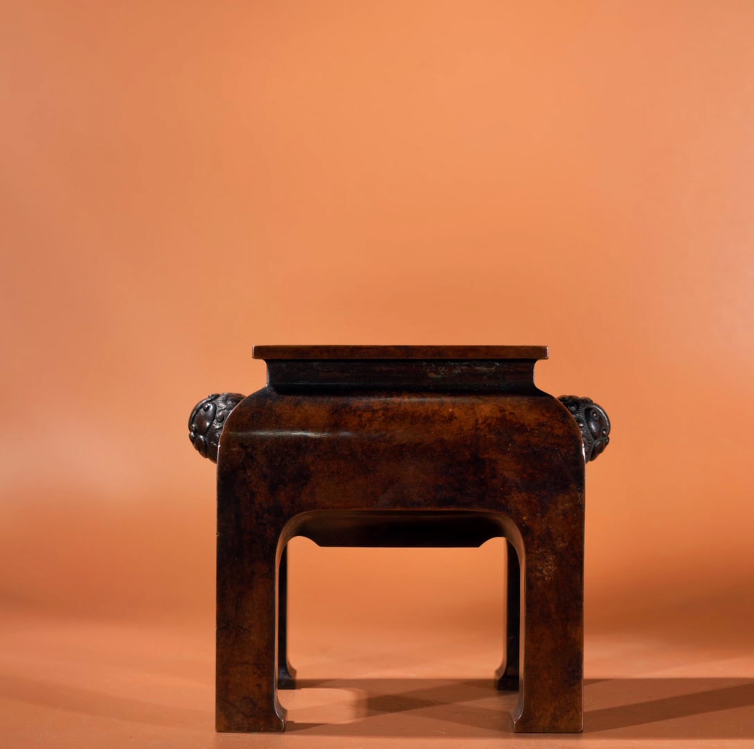 A Exquisite Bronze Lion-Ears Censer: A Exquisite Bronze Lion-Ears Censer,Ming Dynasty, China,Size:4.5inx3.5inx3in,Weight:2460g 紫铜狮耳炉,中国明代