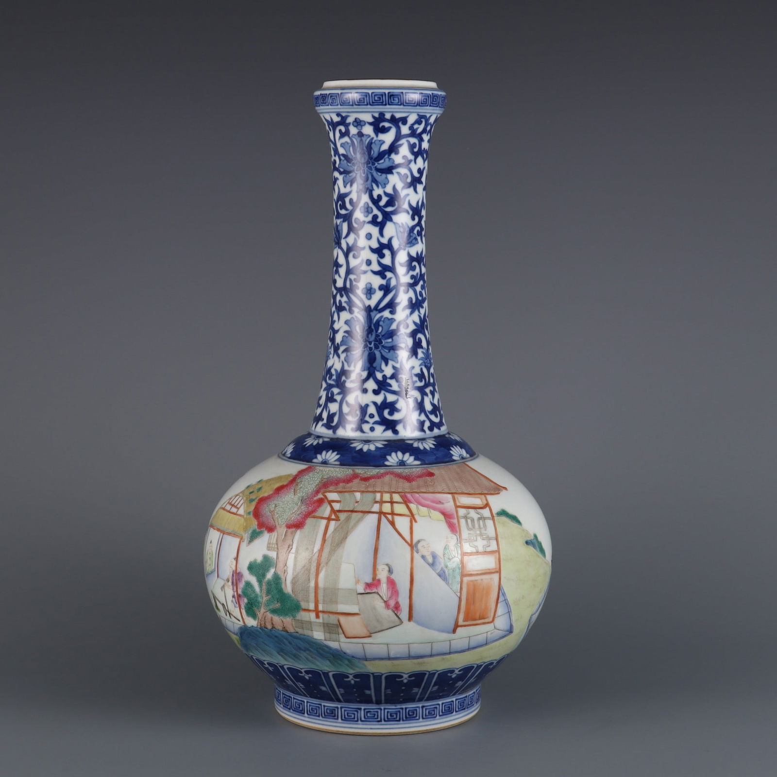 A Rare Blue and White Famille Rose Figure Pattern Vase: A Rare Blue and White Famille Rose Figure Pattern Vase,Qing Dynasty, China,Qianlong Six-character Mark,Size:13.7inx2.2in 