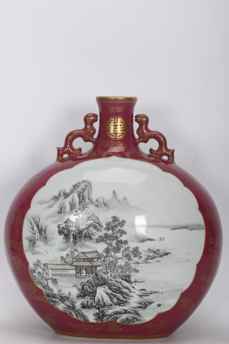 A Exquisite Ruby Red Gilt Ink Color Landscape-Pattern Double-Ears Vase: A Exquisite Ruby Red Gilt Ink Color Landscape-Pattern Double-Ears Vase,Qing Dynasty, China,Yongzheng Six-character Mark,Size:11.5inx2inx10.6inx5.5in 