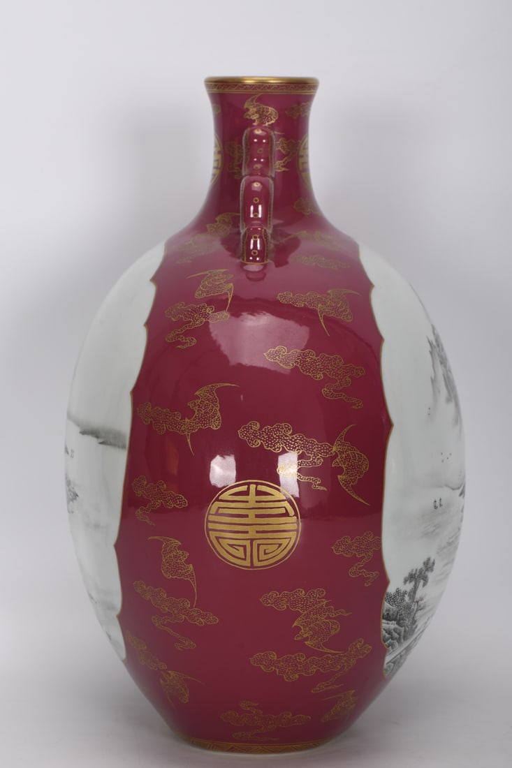 A Exquisite Ruby Red Gilt Ink Color Landscape-Pattern Double-Ears Vase - 2