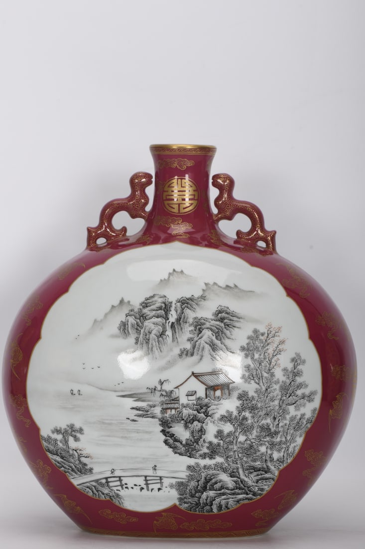 A Exquisite Ruby Red Gilt Ink Color Landscape-Pattern Double-Ears Vase - 3