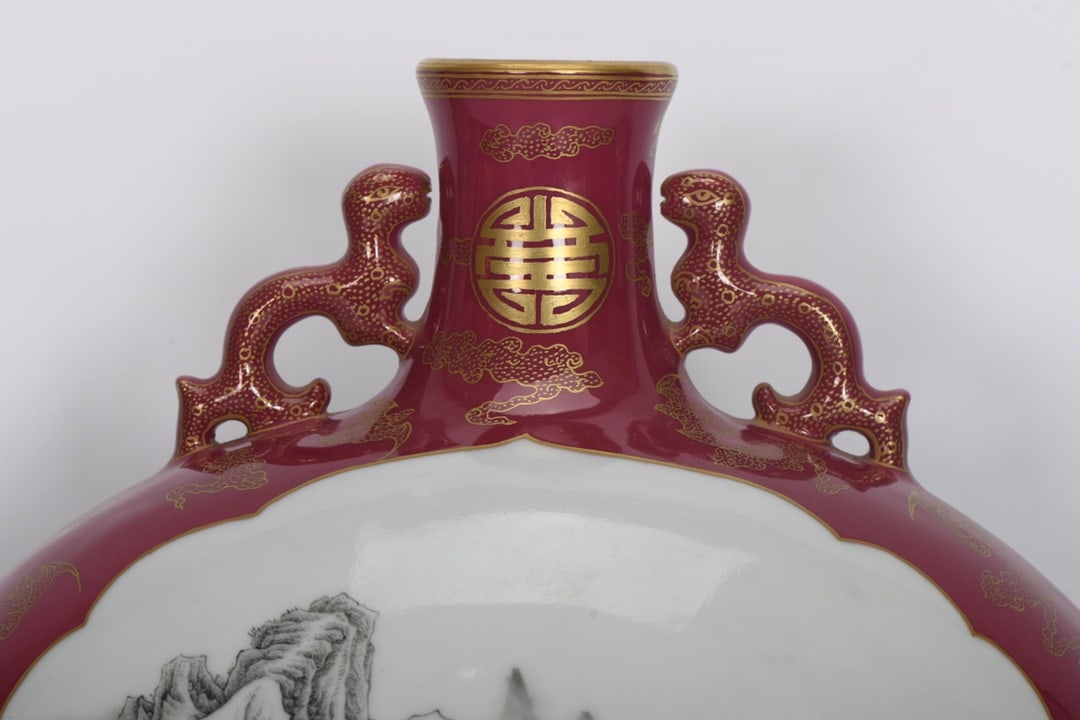 A Exquisite Ruby Red Gilt Ink Color Landscape-Pattern Double-Ears Vase - 4