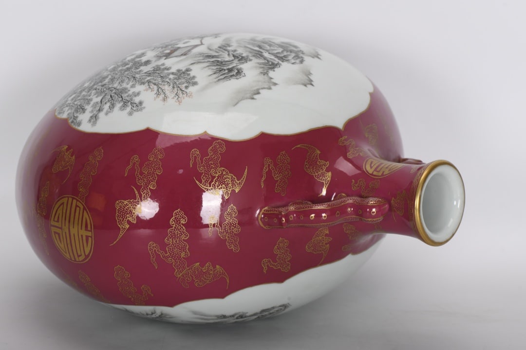 A Exquisite Ruby Red Gilt Ink Color Landscape-Pattern Double-Ears Vase - 7