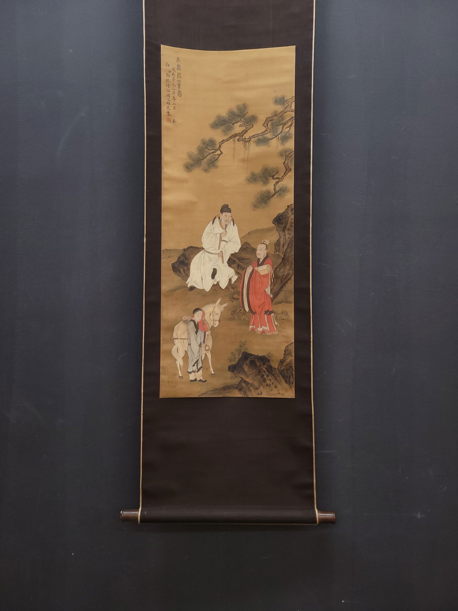 A Chinese Vertical Scroll Ink Painting of Figures on Silk (1 of 9)