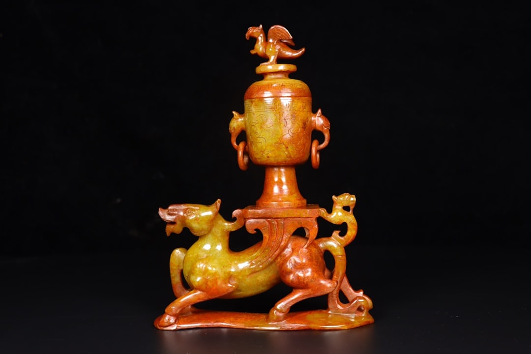 A Exquisite Hetian Jade Auspicious Beast Cup: A Exquisite Hetian Jade Auspicious Beast Cup,Han Dynasty, China,Size:6.1inx2inx8.3in,Weight:821g 和田玉瑞兽杯,中国汉代
