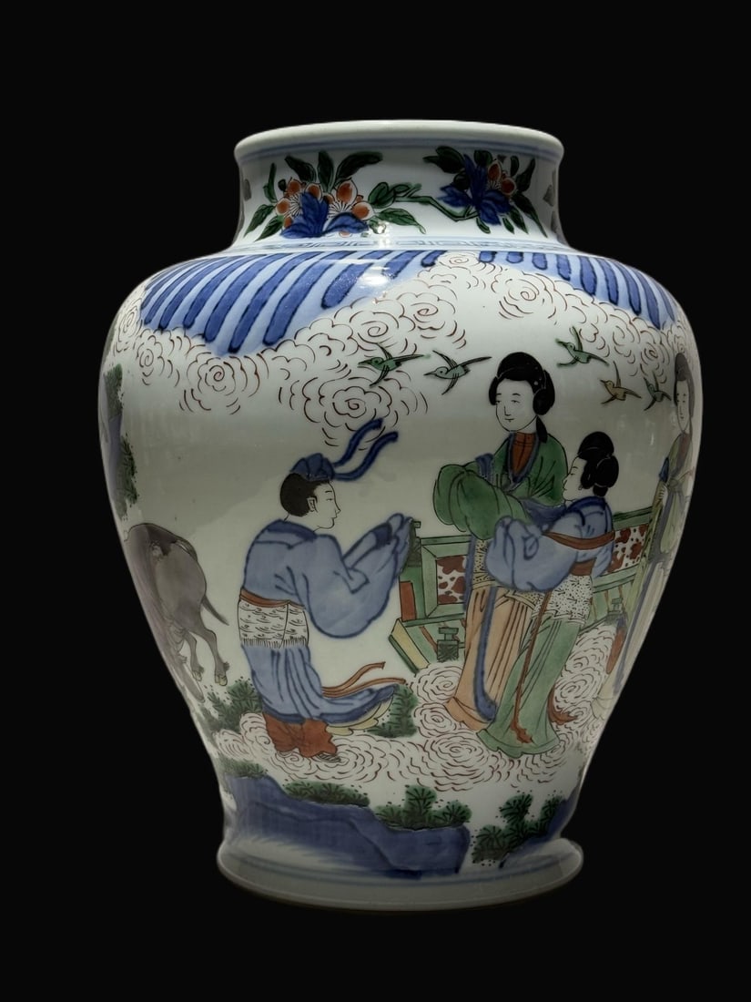 A Exquisite Wucai Character and Story Pattern Jar: A Exquisite Wucai Character and Story Pattern Jar,Qing Dynasty, China,Size:11in 五彩人物故事纹罐,中国清代
