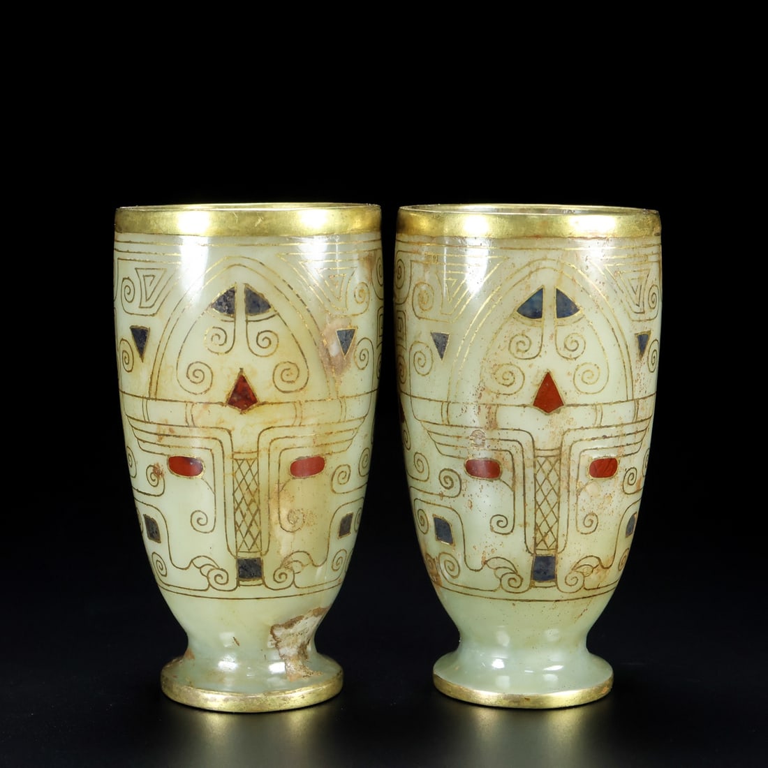 A Pair of Rare Hetian Jade Gold-Inlaid Cup (1 of 9)