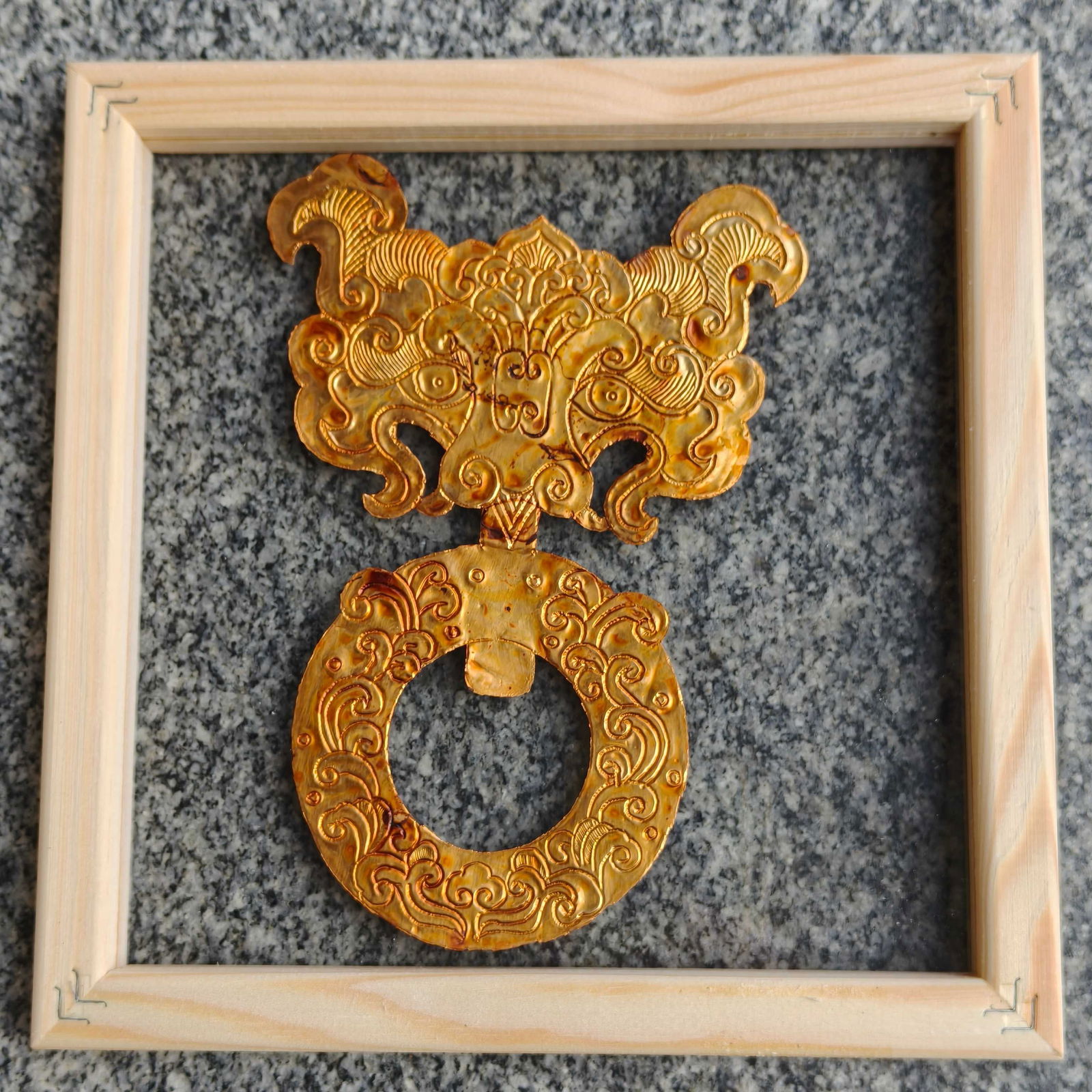 A Exquisite Bronze Gilt Auspicious Beast Pattern Gold Leaf: A Exquisite Bronze Gilt Auspicious Beast Pattern Gold Leaf,Qing Dynasty, China,Size:7.9inx8.3in 铜鎏金瑞兽纹金箔,中国清代