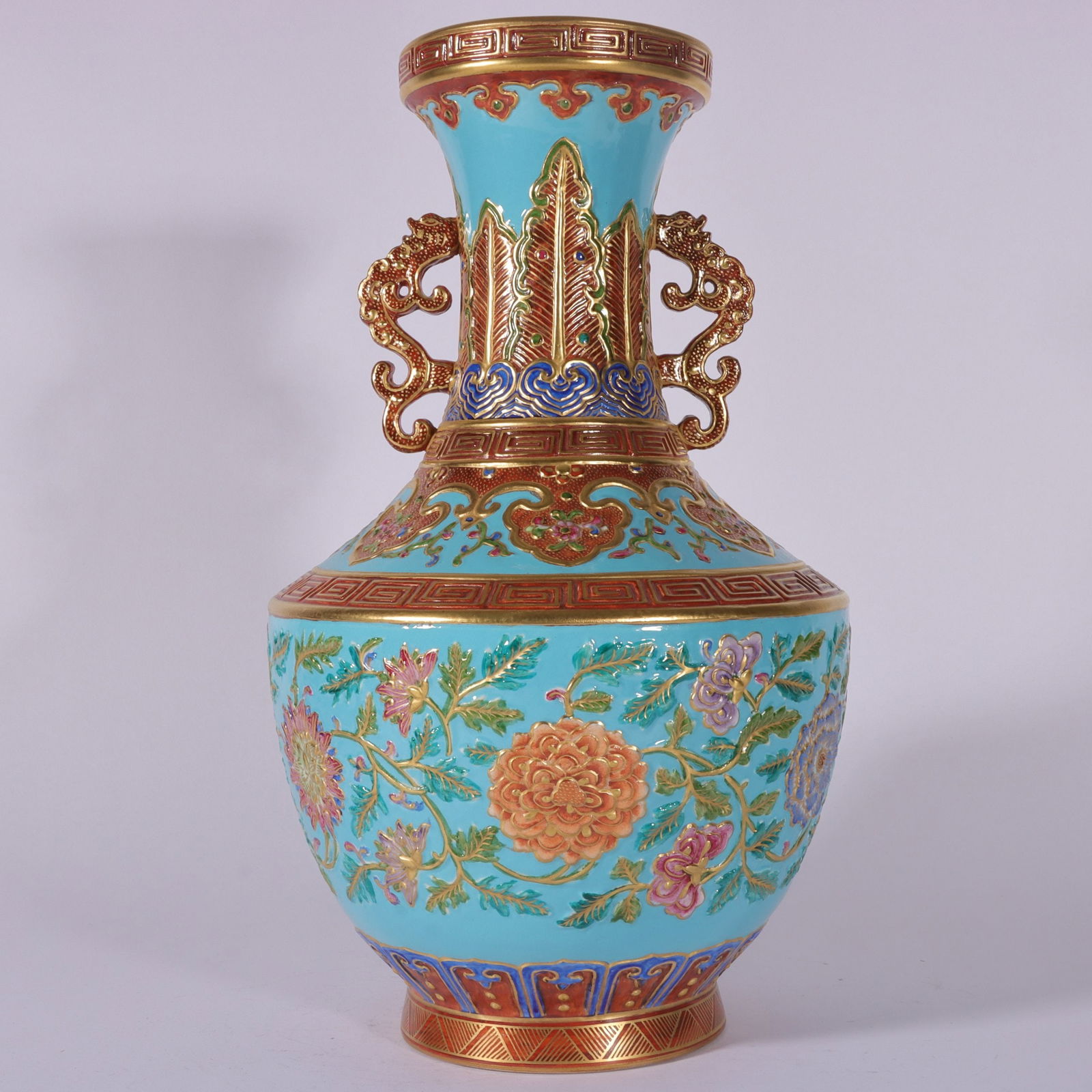A Exquisite Enamel Green Ground Painted Gold Lotus Pattern Double Ears Vase: A Exquisite Enamel Green Ground Painted Gold Lotus Pattern Double Ears Vase,Qing Dynasty, China,Qianlong Six-character Mark,Size:13inx7.1in 