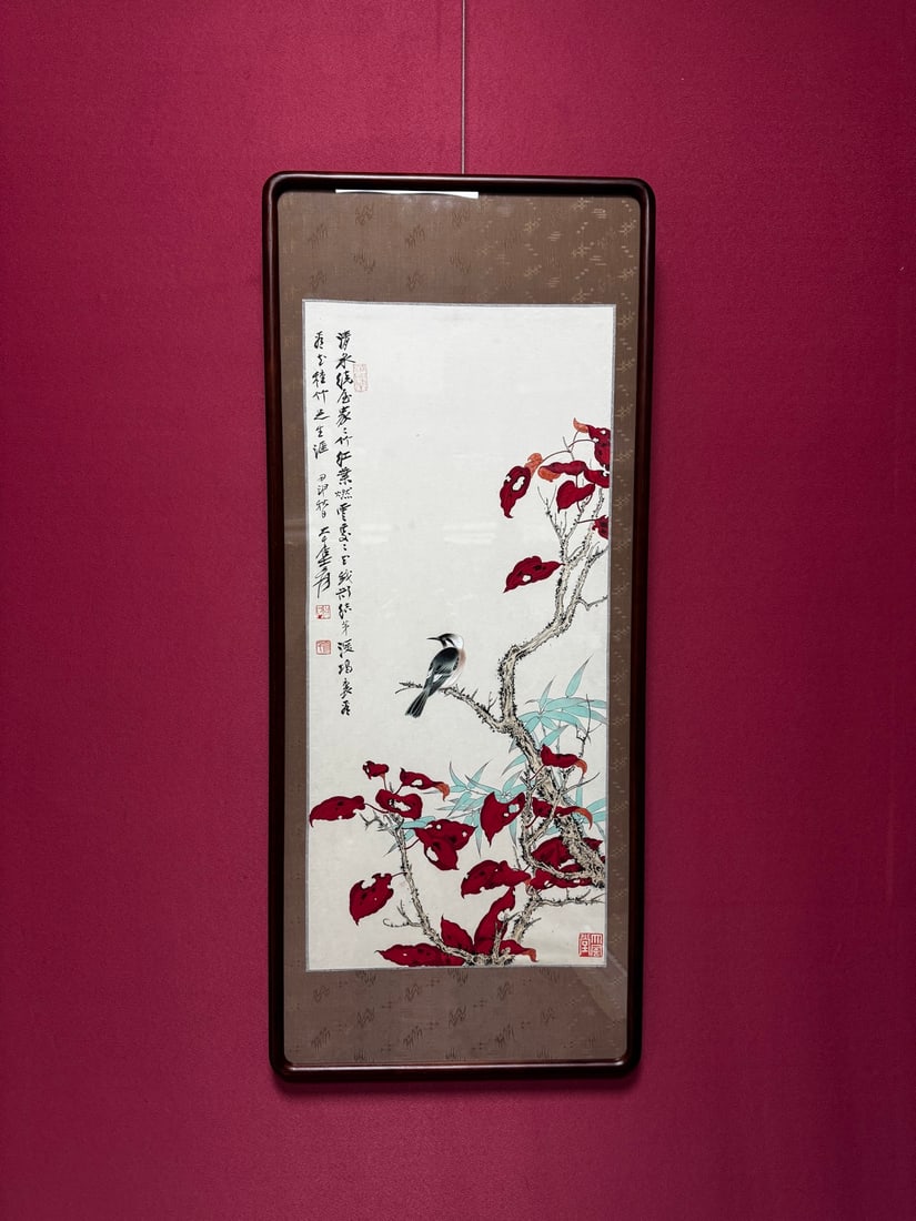 A Chinese Ink Flower and Bird Painting on Paper, With a Frame: A Chinese Ink Flower and Bird Painting on Paper, With a Frame,Modern Time of China,Zhang Daqian,Size:12.2inx26.8in(Without frame),15.4inx36.2in(Frame) 