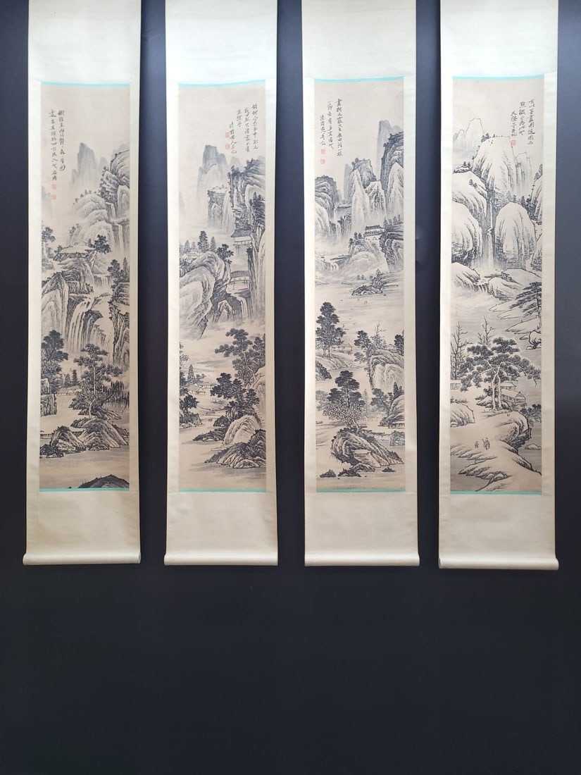 A Set of Chinese Vertical Scroll Ink Paintings of Landscape on Paper (1 of 9)
