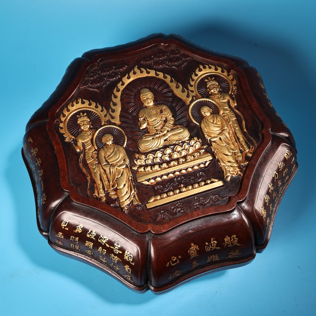 A Exquisite Red Copper High-relief Carved Flower Pattern Gilt Buddhist Jewelry Box: A Exquisite Red Copper High-relief Carved Flower Pattern Gilt Buddhist Jewelry Box,Qing Dynasty, China,Size:11.8inx5.1in,Weight:9300g 紫铜高浮雕錾刻雕&#